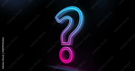 Question mark and quiz night glass style symbol seamless and looped. Colour transparent 3d light neon rotated icon concept abstract animation.