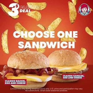 You don’t have to make it rain to get a Classic Breakfast Sandwich AND seasoned breakfast potatoes. $3 will do. | Wendy's | Facebook
