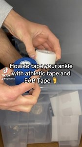 How to tape your ankle with athletic tape and EAB Tape as prewrap. 🤔 ⁉️ Taping an ankle with rigid tape provides support and stability, particularly after an injury like a sprain. To tape the ankle, clean the skin, apply EAB tape as a pre wrap (optional), then use strips of rigid tape to form stirrups under the foot, securing them around the ankle. Reinforce the joint with “figure-8” and “heel lock” patterns for added stability. What are the benefits of ankle tapes ⁉️ This method restricts exce
