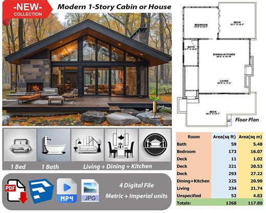 Modern 1-story House Plan: 1 Bed, Deck (PDF Plan No.187) - Etsy