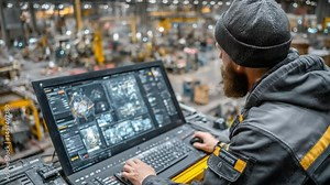 Industrial Control Room Operator: A focused worker monitors industrial processes through a series of screens in a control room filled with machinery and equipment.