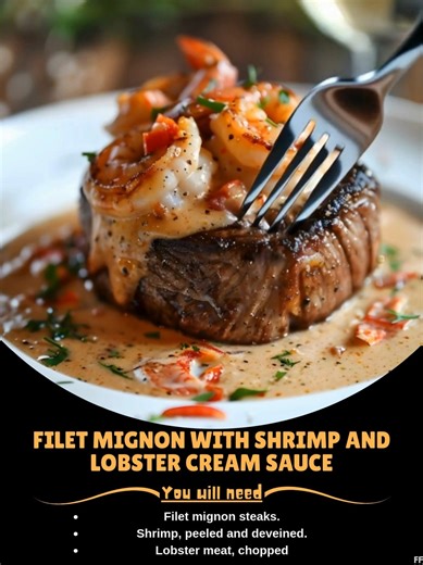 Filet ⚡ Mignon with Shrimp and Lobster Cream Sauce Ingredients Filet mignon steaks. Shrimp, peeled and deveined. Lobster meat, chopped ..... Full Recipe in Coʍmеոτ 💬 🤠 | Tasty Recipes