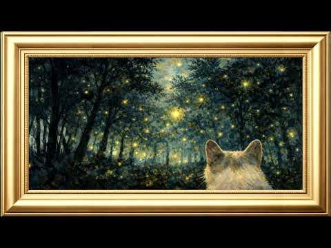 Cat Watching the Fireflies| TV Frame Screen Saver Oil Painting Impressionism Art