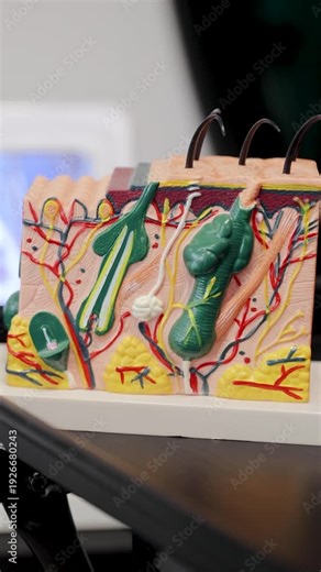 An anatomical hair model diagram showing collagen fibers, hair bulbs, shafts and follicles, with an enlarged view of hairs on a trichoscope screen in the background