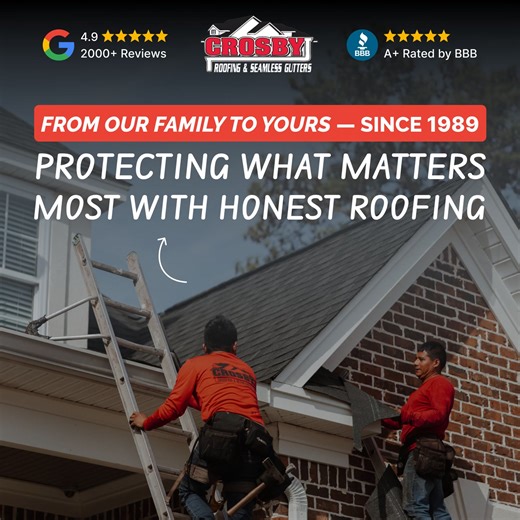 Your cousin watched one YouTube tutorial and now he’s on your roof. Don’t be that family. Call ours! Crosby Roofing & Seamless Gutters started as a small family-owned roofing company — and we’re still delivering the best service… 35 years later. ⭐ 1,000+ five-star reviews  Real-time photo updates  Amazing warranties Start with a free inspection and we’ll earn your business for life. | Crosby Roofing & Seamless Gutters - Columbia, SC | Facebook
