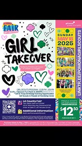 The 2025 LA County Fair G.I.R.L. Takeover is a fun-filled day of Girl Scouting for all Girl Scout levels supported by a unique LA County Fair experience, providing girls the opportunity of planning, learning and interacting with other troops and the community. Get your special G.I.R.L. Takeover Fun Patch, exchange SWAPS with other Girl Scouts you meet during the day, be part of our record setting Girl Scout Friendship Circle, join Girl Scouts from all over in the LA County Fair Parade , and have