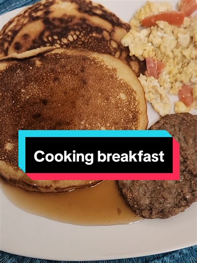 It's not too erly for breakfast. Pancakes drizzled with syrup, Eggs with tomatoes, and sausage. #breakfastideas #fyp #breakfastrecipes #sundaybreakfast #foodie