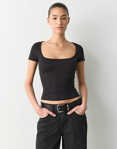 Cotton Scoop Neck Tee in Black | Glassons