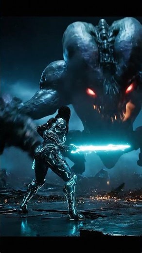 “Futuristic female warrior with neon armor fighting a huge alien creature on a metallic batt