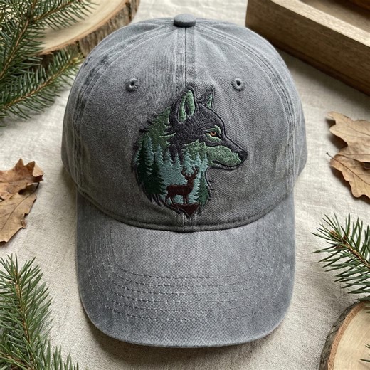 Embroidered Wolf and Forest Hat, Pine Trees Wolf Washed Dad Cap, Deer Silhouette Headwear, Nature Lover Gift, Wilderness Cap - Etsy