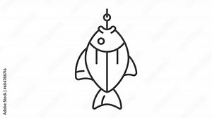 Animated caught fish line icon. Carp hanging on fishing hook animation. Aquatic animal. Catching fish. Fresh water. Loop HD video with alpha channel, transparent background. Outline motion graphic