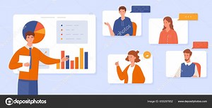 Online Video Conference Concept Man Graphs Leads Presentation Remote Employees