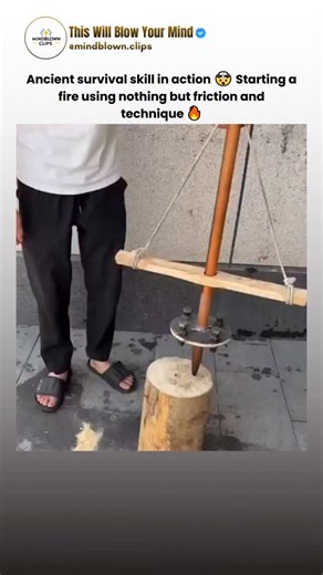 This Will Blow Your Mind on Instagram: "This clip demonstrates a primitive fire-starting technique using friction and rotational force. By rapidly spinning a wooden stick against a surface, heat builds up from friction until the material begins to smolder and ignite. It’s one of the oldest survival methods used long before modern tools existed. Understanding how fire works is fascinating. Respecting it is essential 🔥 #survivalskills #howthingswork #science #fyp #explore"