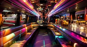 Luxury limousine interior with a stylish bar for partying. Concept Luxury Transportation, Limousine Interior, Party Bar, Stylish Design