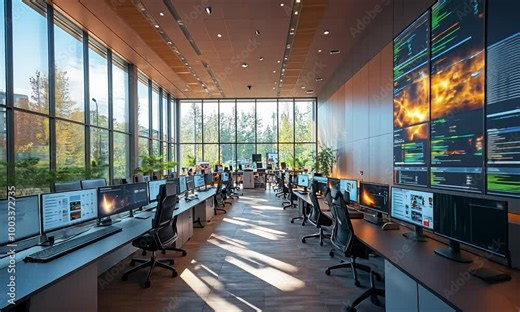 Modern office space with multiple computer stations and large screens.