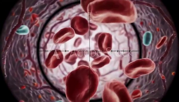 Microscopic view of red blood cells flowing through a blood vessel representing medical research disease and the human circulatory system.