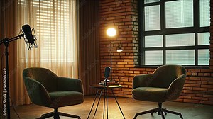 Interview and podcast room with two armchairs, table, microphone and lamps, Modern interview studio