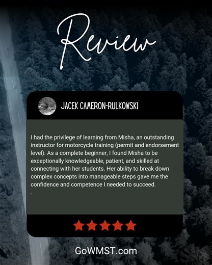 🌟🙌 Another happy rider! Reviews like this fuel our passion. Share yours here 👉 https://f.mtr.cool/csmmrvigvv #motorcycletraining #dolapproved #gowmst #wmst #motorcyclepermit #motorcycleendorsement #learntoride | Go WMST Washington Motor vehicle Safety Training