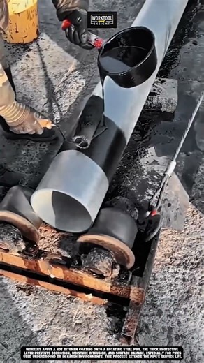 Steel pipe protection coating using Work tool brush with hot bitumen #worktool #tool