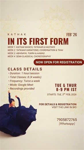 Kathak Beginners’ Batch Begin your Kathak journey with a structured and beginner friendly online batch. Learn graceful footwork, chakkars, hand movements, rhythm and expressions with a strong focus on technique and storytelling. Train under a trained Kathak dancer and experience classical dance in its purest form. Limited seats. Enroll now. #KathakBeginners #OnlineKathak #IndianClassicalDance #DanceTraining #KathakJourney | Learndancewithanchita