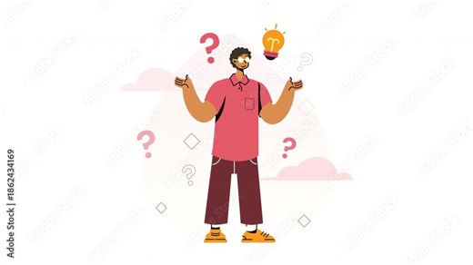 Thinking idea animation with a lightbulb above head. Conceptual image for creativity, inspiration, problem solving.