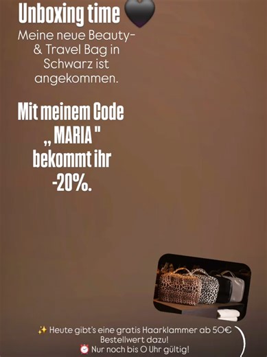 Unboxing time 🖤 (Link in meiner Bio) Meine neue Beauty- & Travel Bag in Schwarz ist angekommen 😍 Mit meinem Code MARIA bekommt ihr -20%. ✨ Heute gibt’s eine gratis Haarklammer ab 50€ Bestellwert dazu! ⏰ Nur noch bis 0 Uhr gültig! #beautybag #beautyunboxing #beautyhaul #makeupbag #travelbag