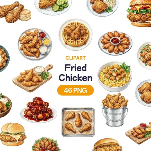 Fried Chicken Clipart, Watercolor Fast Food PNG, Southern Cuisine Graphic, Crispy Meal Art, Comfort Dining - Etsy