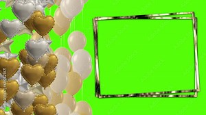 Party And Celebration Green Screen Background ,balloon Flying And Shiny Golden Rectangle Frame, Animation Realistic Birthday Balloon Flying On Green Screen And Confetti Falling. Stars Shape Balloon,
