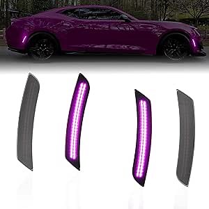Front Rear Bumper Side Marker Lights Compatible with Chevy Camaro 2016-2023, Dual Rows LED Fender Sidemarker Lamps, Reflectors Purple Smoked Lens 4PCS