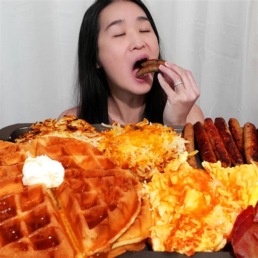 3.4K views · 91 reactions | Eating IHOP's Waffles Family Pack! It comes with Belgian Waffles, Bacon, Sausages, Golden Hash Browns and Scrambled Eggs! Their waffles are so fluffy and delicious! Do you prefer pancakes or waffles? #mukbang #asmr #breakfast #waffles #ihop #eatingshow #eatingsounds | Peggie Neo | Facebook