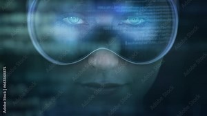 Latin American Female with Program code Animations and Futuristic Augmented Reality Headsets. Close Up Young Woman Programmer with VR glasses. Checking her Code in Virtual Reality.