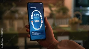 Smart electric toothbrush gives personal tips on dental care. Using a sonic electric toothbrush connected to a smartphone app.