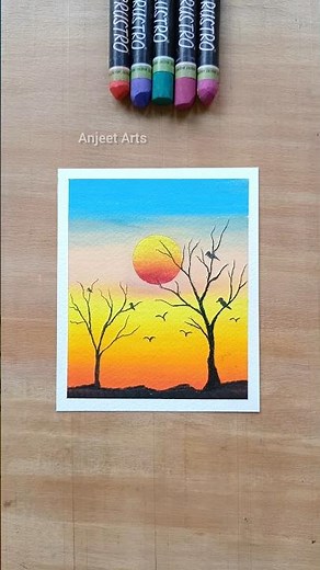 Easy Sunset Scenery Drawing | Oil Pastel for Beginners #shorts