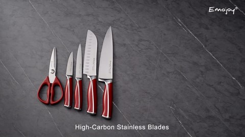 Emojoy 15-Piece Kitchen Knife Set with Wooden Block, German Stainless Steel Sharp Chef Knife Set, Dishwasher Safe and Rust Proof (Red)