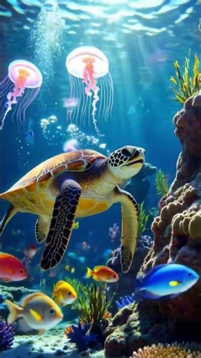 Peaceful turtle swimming with colorful fishes 🐢✨