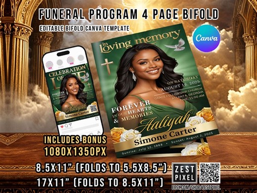 Elegant Funeral Program Template | 4-page Bifold, Canva Editable (social Media Bonus) - Etsy
