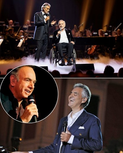 At Buckingham Palace, Neil Diamond, 84, sits in a wheelchair, his voice steady but full of emotion, as Andrea Bocelli, visually impaired yet radiant, joins him for a once-in-a-lifetime duet at a private royal gala, the grand ballroom sparkling under crystal chandeliers as royals and elite guests hold back tears. Together, the two legends harmonize timeless classics, their melodies weaving decades of history, love, and artistry into every note, while the audience—senior members of the royal famil