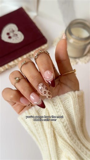 leopard print burgundy baddie nails diy 🫶🏽✨