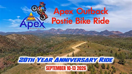 Apex Outback Postie Bike Ride – 20th Anniversary Ride 📅 10–13 September 2026 Dust off your Posties and get ready to celebrate 20 years of mateship, red dirt and making a difference in the lives of people battling cancer! Lock in the dates now – more details on routes, registrations and fundraising coming soon. 👉 10–13 September 2026 👉 20th Anniversary Apex Outback Postie Bike Ride 👉 Supporting Apex Copper Coast Retreats Save the date and stay tuned! #ApexOutbackPostieBikeRide #20YearsOfPosti