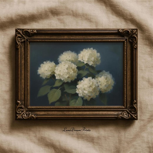 Antique Dark Hydrangea Flower Oil Painting, Moody Vintage Navy Floral Wall Art, Cottagecore Botanical Printable, French Country Nature Decor - Etsy