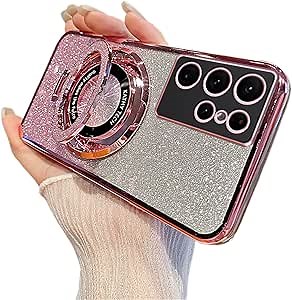 LEMAXELERS Magnetic Case for Galaxy Note 20 Ultra, Gradient Glitter with Stand Ring Case TPU Transparent Soft Silicone Shockproof Slim Phone Cover for Samsung Galaxy Note 20 Ultra, Rose Gold DS