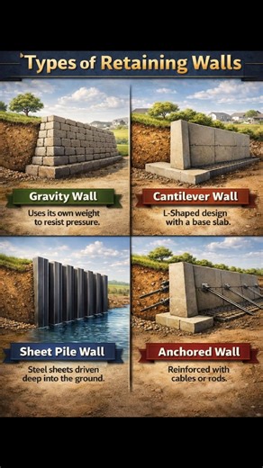 “Types of Retaining Walls”, illustrating four commonly used retaining wall systems in civil engineering and construction.. At the top, the bold stone-style heading emphasizes the structural theme. Below it, the poster visually explains four main types: 1. Gravity Wall This wall relies on its own weight and mass to resist soil pressure. It is typically made of concrete, stone, or masonry and is suitable for lower heights. 2. Cantilever Wall A reinforced concrete structure that uses a base slab an