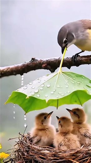 Brave Bird Protects Its Baby from Rain with a Leaf | Heartwarming Animal Moment
