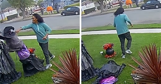 ‘Unhinged’ Woman Caught Attacking Neighbor’s Halloween Witches Twice In Bizarre Viral Footage