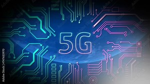 Animation of 5g text, circuit board and data processing over globe