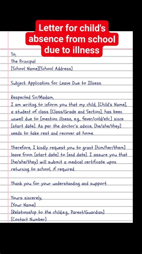 Letter for child's absence from school due to illness #trendingreels #virals #letters #application #school | English Class