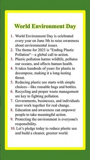 10 lines on World Environment Day 2025: Ending plastic pollution #environment #shorts