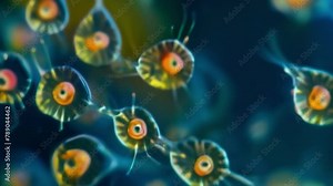 A vibrant and abstract image of ciliates suspended in a drop of water showcasing their diverse shapes and sizes. . AI generation. Stock Video