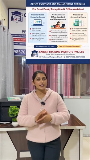 👉 𝐎𝐟𝐟𝐢𝐜𝐞 𝐀𝐬𝐬𝐢𝐬𝐭𝐚𝐧𝐭 & 𝐌𝐚𝐧𝐚𝐠𝐞𝐦𝐞𝐧𝐭 𝐓𝐫𝐚𝐢𝐧𝐢𝐧𝐠 🎓 𝐏𝐫𝐚𝐜𝐭𝐢𝐜𝐚𝐥, 𝐉𝐨𝐛-𝐎𝐫𝐢𝐞𝐧𝐭𝐞𝐝 𝐓𝐫𝐚𝐢𝐧𝐢𝐧𝐠 𝐟𝐨𝐫 𝐅𝐫𝐨𝐧𝐭 𝐃𝐞𝐬𝐤 / 𝐑𝐞𝐜𝐞𝐩𝐭𝐢𝐨𝐧 & 𝐎𝐟𝐟𝐢𝐜𝐞 𝐀𝐬𝐬𝐢𝐬𝐭𝐚𝐧𝐭 📌 𝐖𝐡𝐚𝐭 𝐓𝐡𝐢𝐬 𝐂𝐨𝐮𝐫𝐬𝐞 𝐂𝐨𝐯𝐞𝐫𝐬 🔹 𝐏𝐫𝐚𝐜𝐭𝐢𝐜𝐚𝐥 𝐂𝐨𝐦𝐩𝐮𝐭𝐞𝐫 𝐂𝐨𝐮𝐫𝐬𝐞 • 𝐌𝐢𝐜𝐫𝐨𝐬𝐨𝐟𝐭 𝐎𝐟𝐟𝐢𝐜𝐞 𝐏𝐚𝐜𝐤𝐚𝐠𝐞 • 𝐍𝐞𝐩𝐚𝐥𝐢 & 𝐄𝐧𝐠𝐥𝐢𝐬𝐡 𝐭𝐲𝐩𝐢𝐧𝐠 • 𝐄𝐦𝐚𝐢𝐥 & 𝐢𝐧𝐭𝐞𝐫𝐧𝐞𝐭 𝐡𝐚𝐧𝐝𝐥𝐢𝐧𝐠 • 𝐋𝐞𝐚𝐫𝐧 𝐮𝐬𝐢𝐧𝐠 𝐂𝐡𝐚𝐭𝐆𝐏�