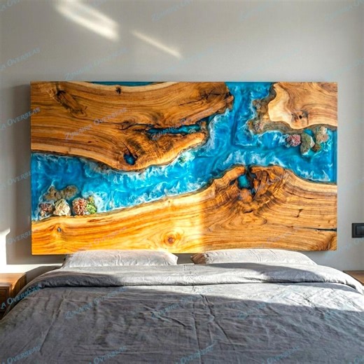 Epoxy Resin Ocean Wave Headboard – Wood Bed Backboard – Coastal Rustic Bedroom Statement Piece - Etsy